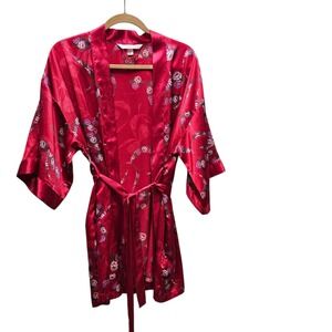 Victoria's Secret Angels Red Floral Satin Short‎ Kimono Robe S/M Retro Coquette